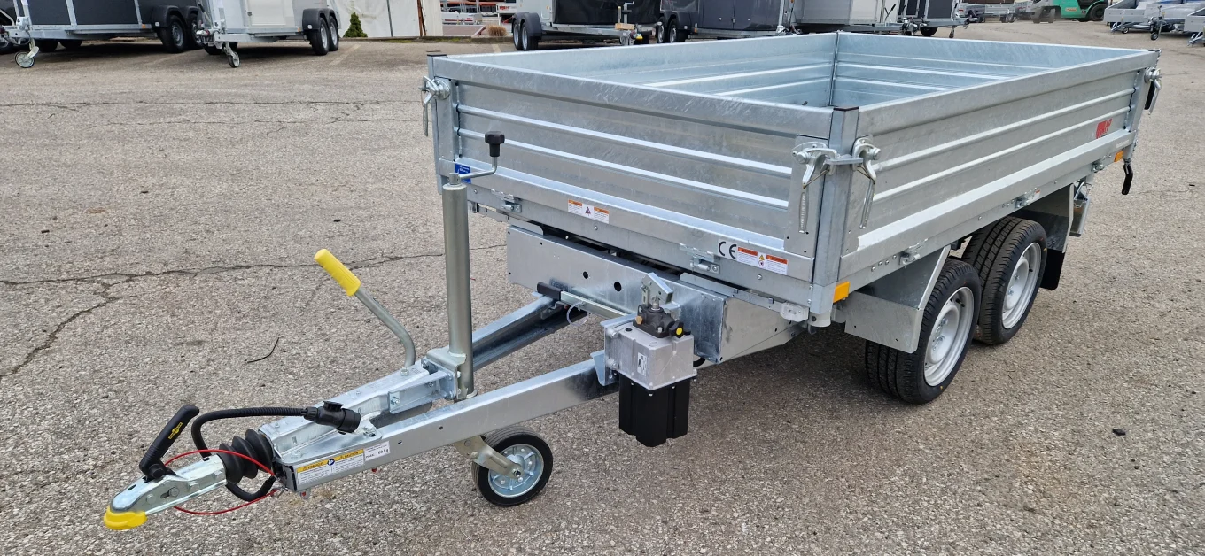 PKW-Anhänger, Dreiseitenkipper, Humbaur HTK 2700.27 mit Stahlbordwänden und Handpumpe oder wahlweise E-Kombipumpe, 2700 kg GG