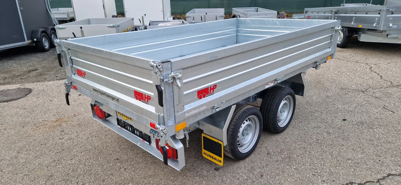 PKW-Anhänger, Dreiseitenkipper, Humbaur HTK 2700.27 mit Stahlbordwänden und Handpumpe oder wahlweise E-Kombipumpe, 2700 kg GG