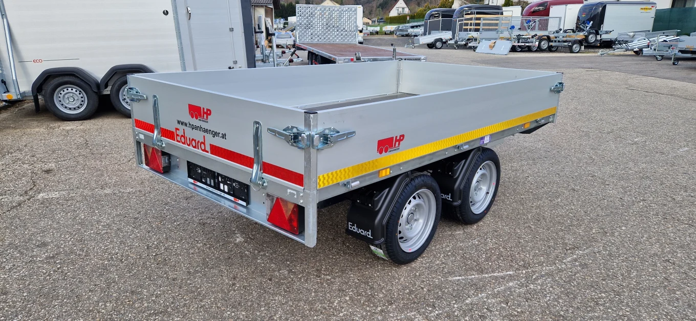 Rückwärtskipper, PKW-Anhänger Eduard 2514 TRK, 2510x1450x300mm, 2000 kg Tandem, hydraulisch mit Handpumpe
