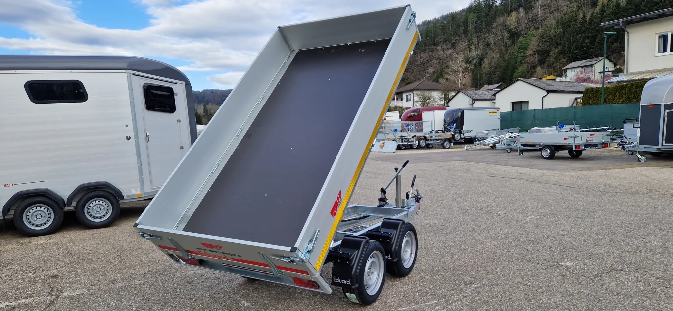 Rückwärtskipper, PKW-Anhänger Eduard 2514 TRK, 2510x1450x300mm, 2000 kg Tandem, hydraulisch mit Handpumpe