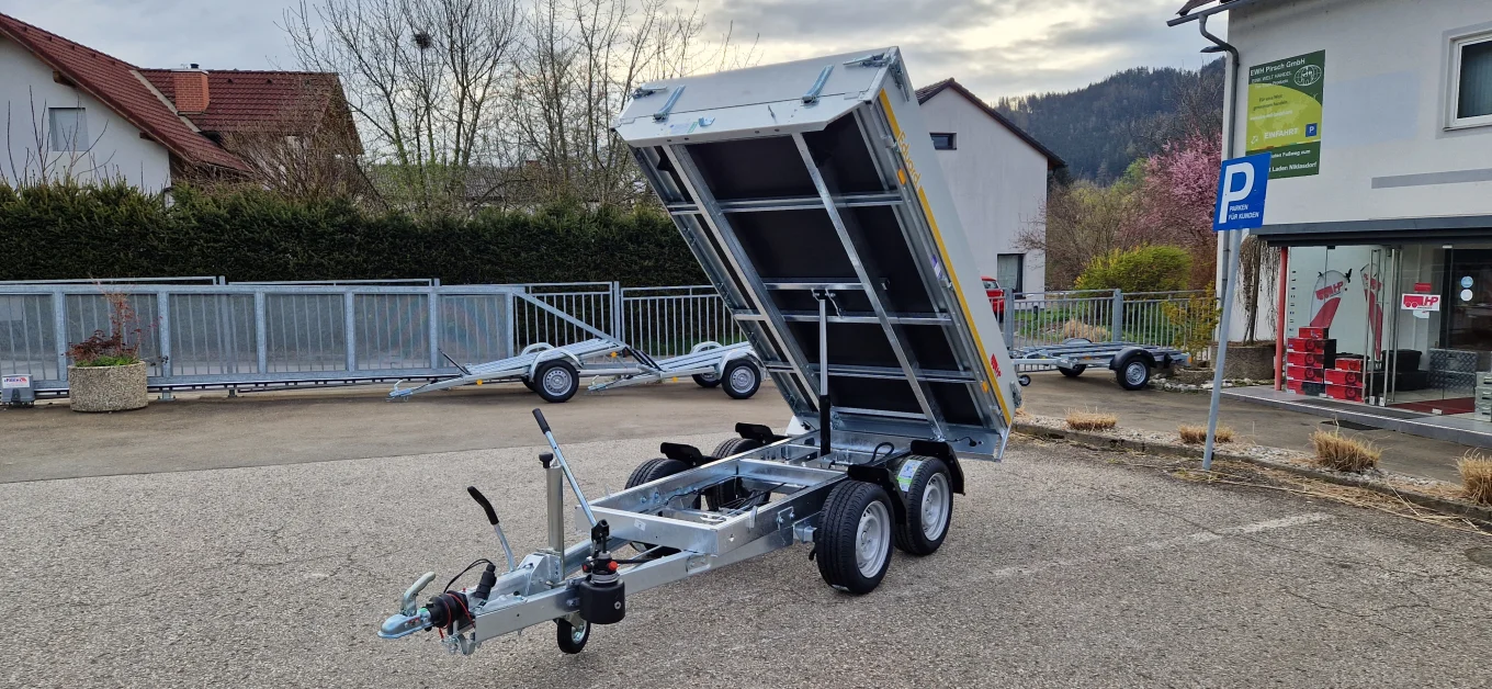 Rückwärtskipper, PKW-Anhänger Eduard 2514 TRK, 2510x1450x300mm, 2000 kg Tandem, hydraulisch mit Handpumpe