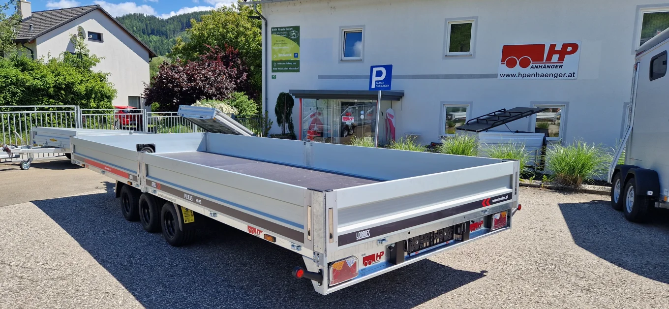 Autotransporter, Fahrzeugtransporter, Plateauanhänger HP 602135/3 ATPK 3-achs Lorries, 3500 kg Tandem, kippbar