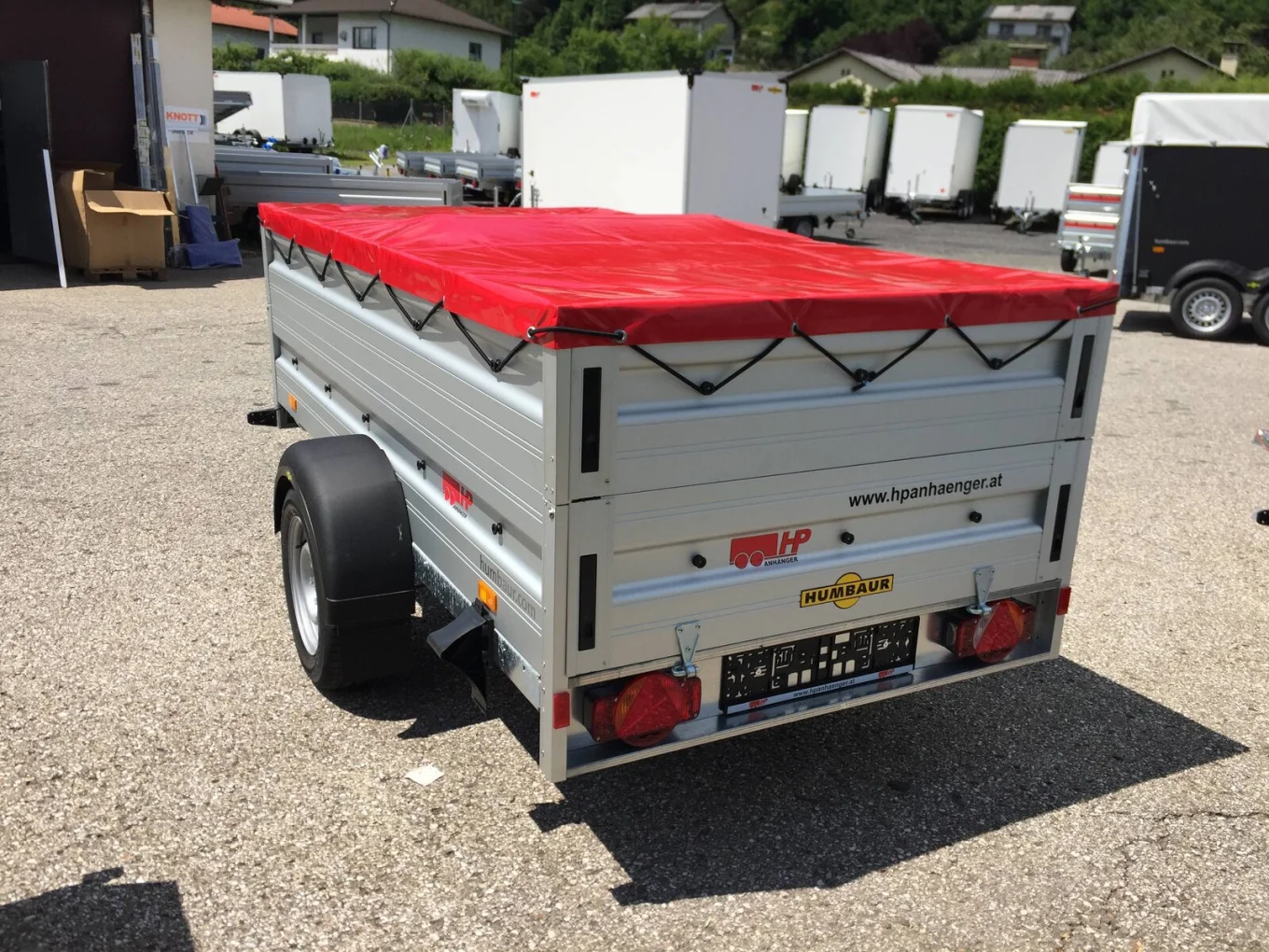 PKW-Anhänger, Autoanhänger, Humbaur HA 102113 KV, 1000 kg gebremst, 2050x1310x350 mm im Set mit Aufsatzw., Flachplane