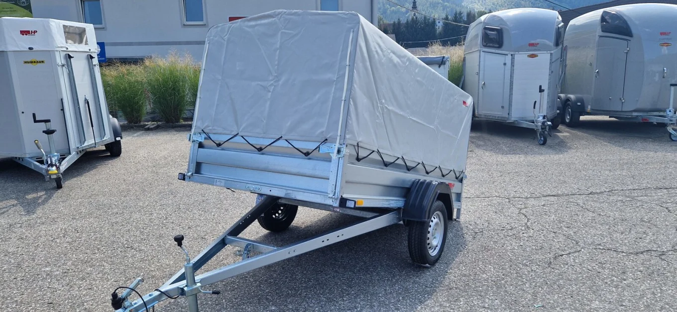 PKW-Anhänger, Autoanhänger, HP 2313 UKP im Set mit Planengestell & Plane, 750 kg ungebremst