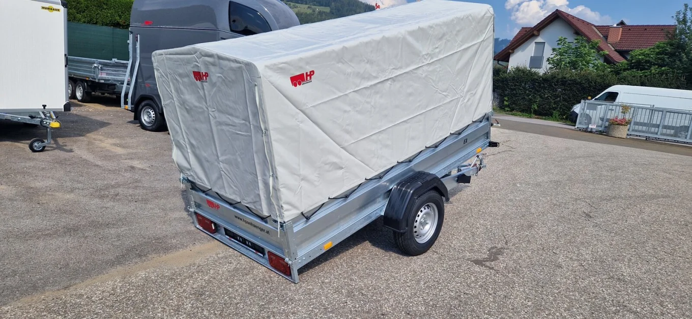 PKW-Anhänger, Autoanhänger, HP 2313 GKP im Set mit Planengestell & Plane, 1300 kg gebremst
