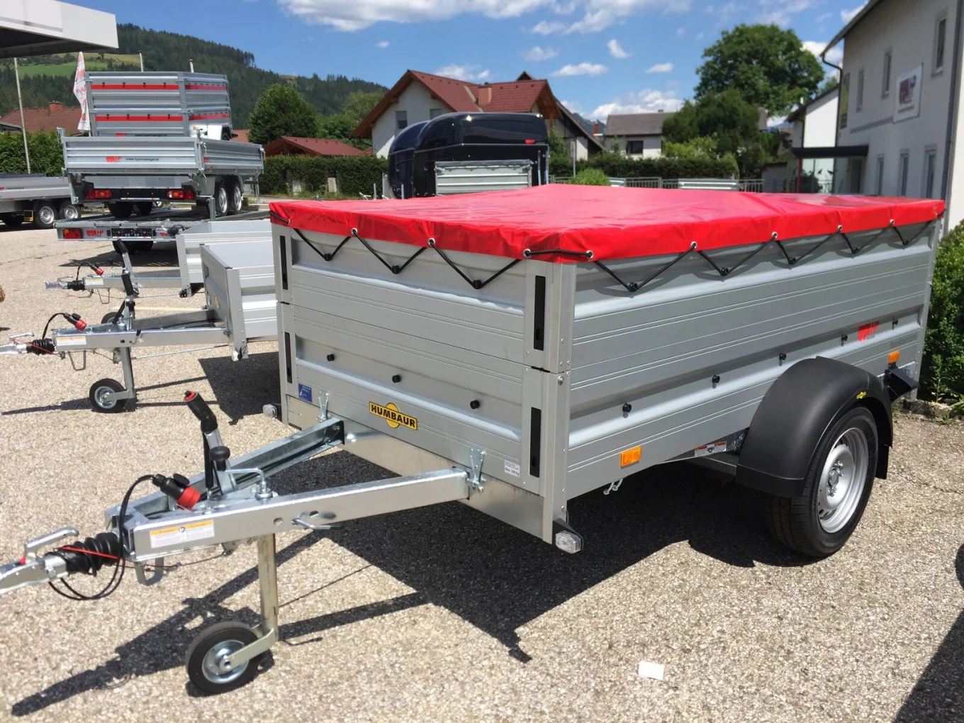 PKW-Anhänger, Autoanhänger, Humbaur HA 102113 KV, 1000 kg gebremst, 2050x1310x350 mm im Set mit Aufsatzw., Flachplane